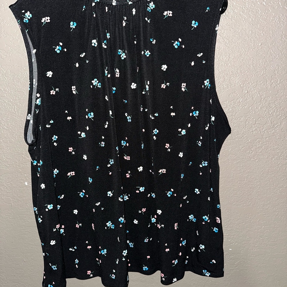 Elle Black Tank Top with Blue and White Floral Pattern